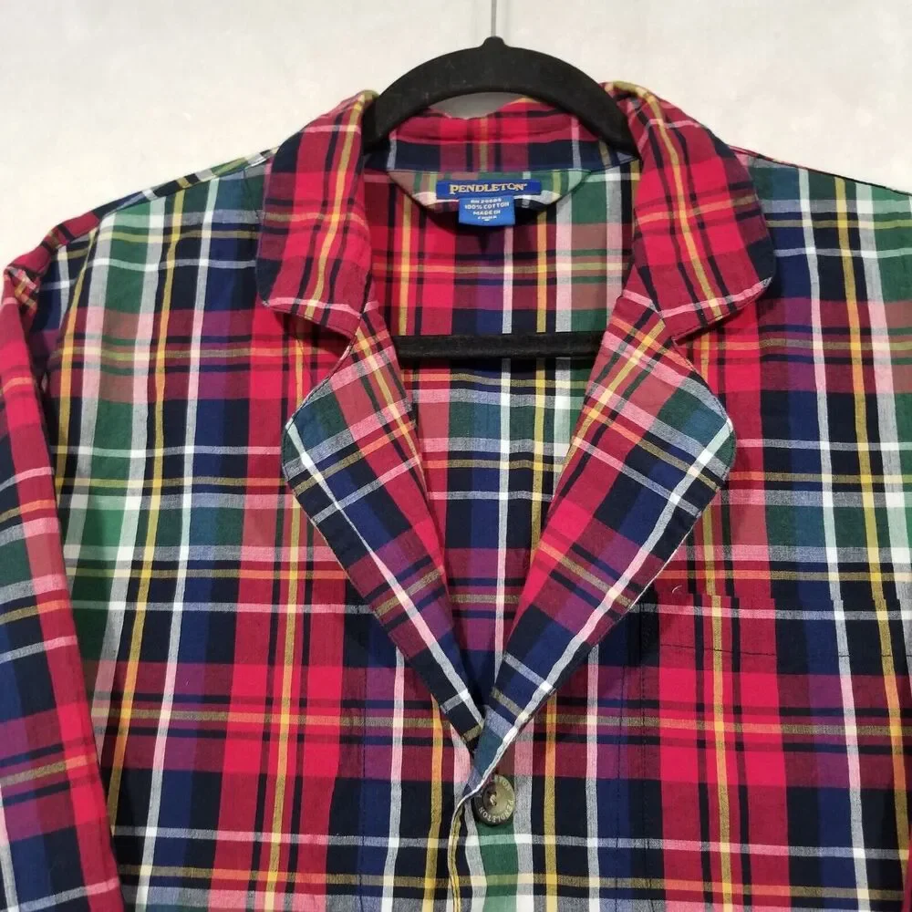Pendleton Small Pajama Top Plaid Red Tartan Long Line Button Front Classic Sleep